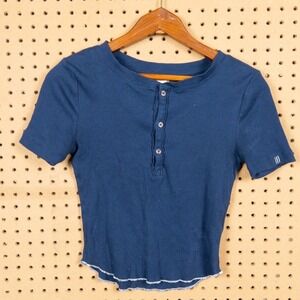 BDG Urban Outfitters Navy Blue Ribbed Henley Top Short Sleeve Lettuce Hem Medium